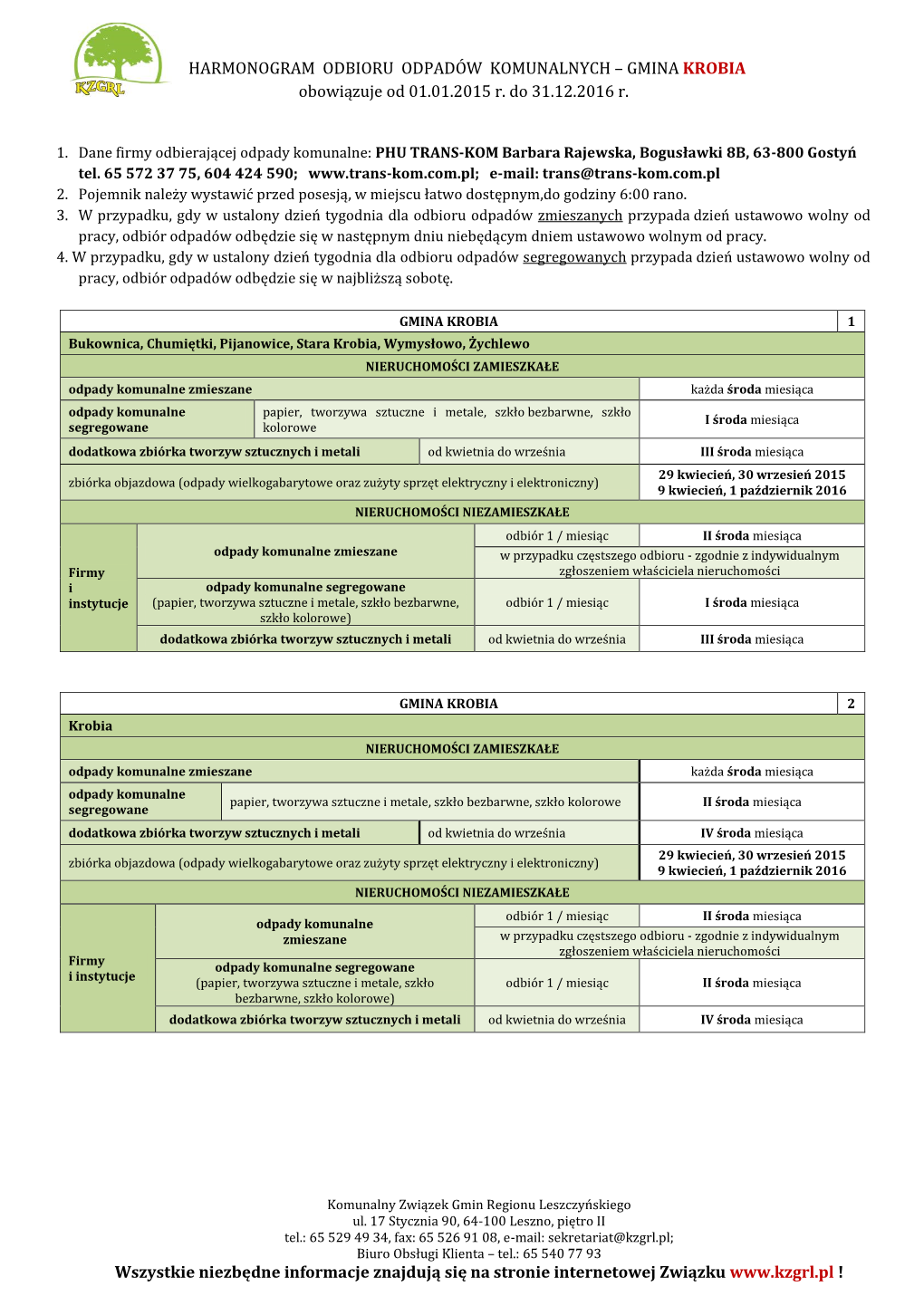 HARMONOGRAM ODBIORU ODPADÓW KOMUNALNYCH – GMINA KROBIA Obowiązuje Od 01.01.2015 R. Do 31.12.2016 R. Wszystkie Niezbędne