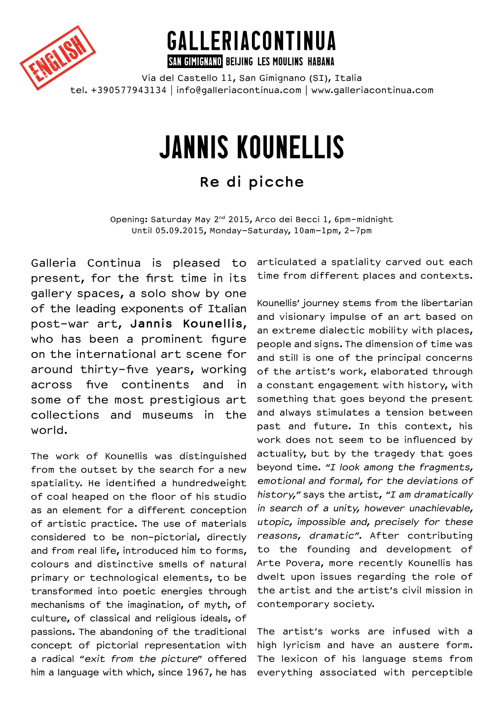 JANNIS KOUNELLIS Re Di Picche