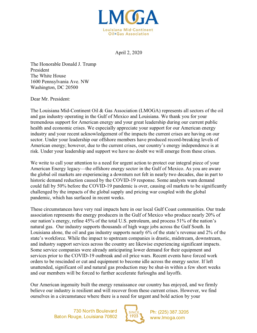 LMOGA Letter to President Trump on Offshore Energy