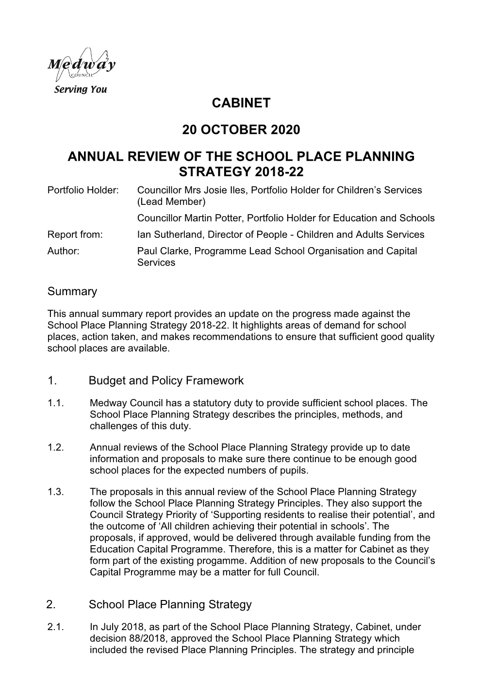 Cabinet 20 October 2020 Annual Review of the School Place Planning Strategy 2018-22