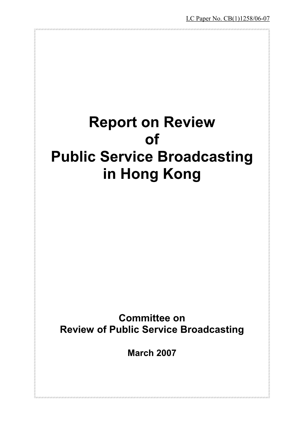 Report on Review of Public Service Broadcasting in Hong Kong