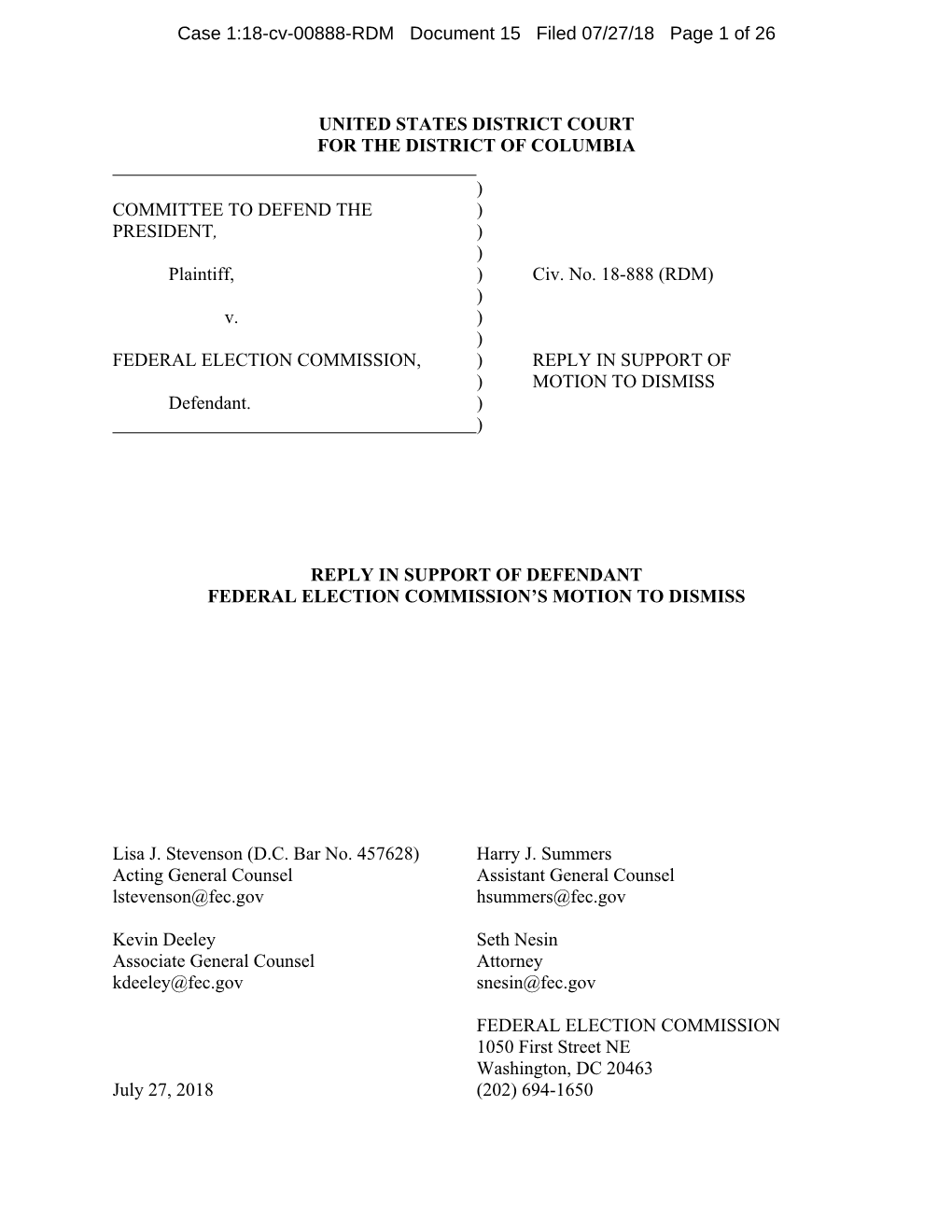 CDP V. FEC Reply in Support of FEC's Motion to Dismiss Filed July 27, 2018
