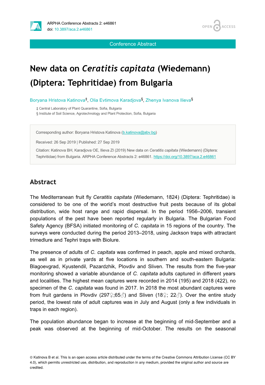 New Data on Ceratitis Capitata (Wiedemann) (Diptera: Tephritidae) from Bulgaria