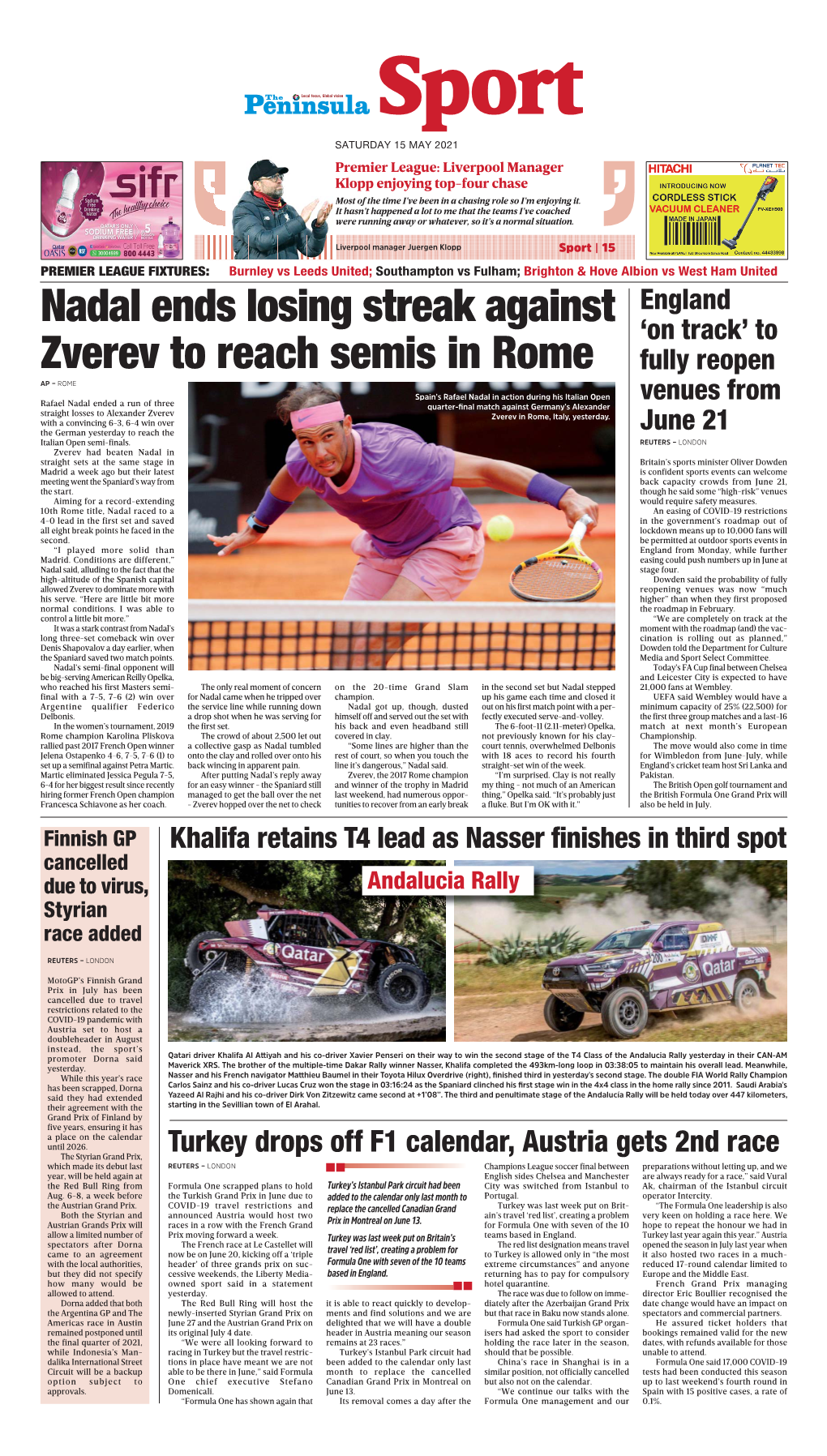 Nadal Ends Losing Streak Against Zverev to Reach Semis in Rome