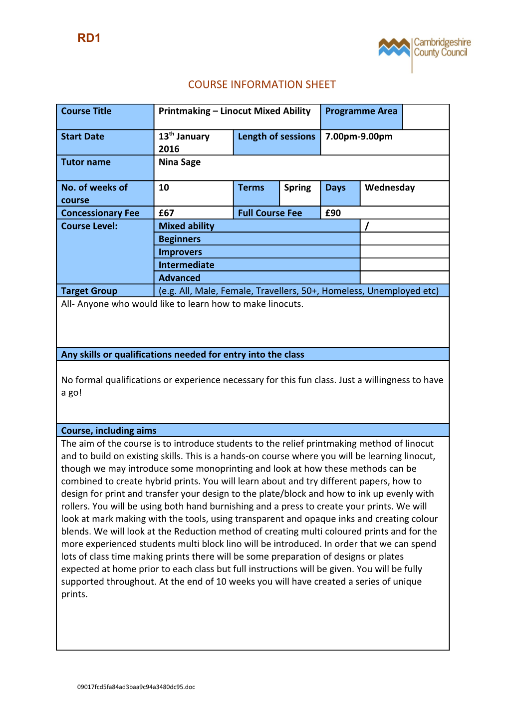 Course Information Sheet