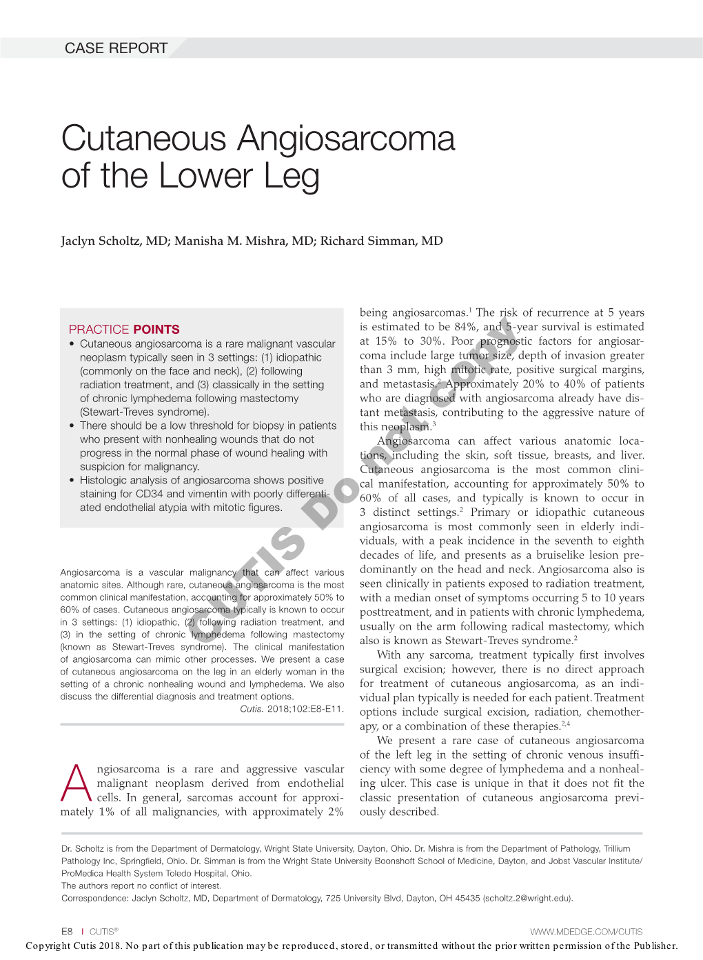 Cutaneous Angiosarcoma of the Lower Leg