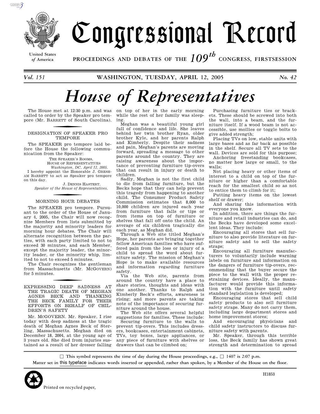 Congressional Record United States Th of America PROCEEDINGS and DEBATES of the 109 CONGRESS, FIRSTSESSION