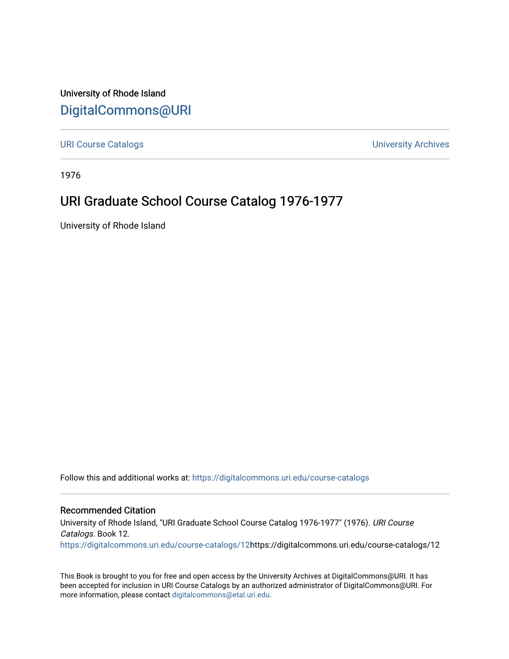 URI Graduate School Course Catalog 1976-1977