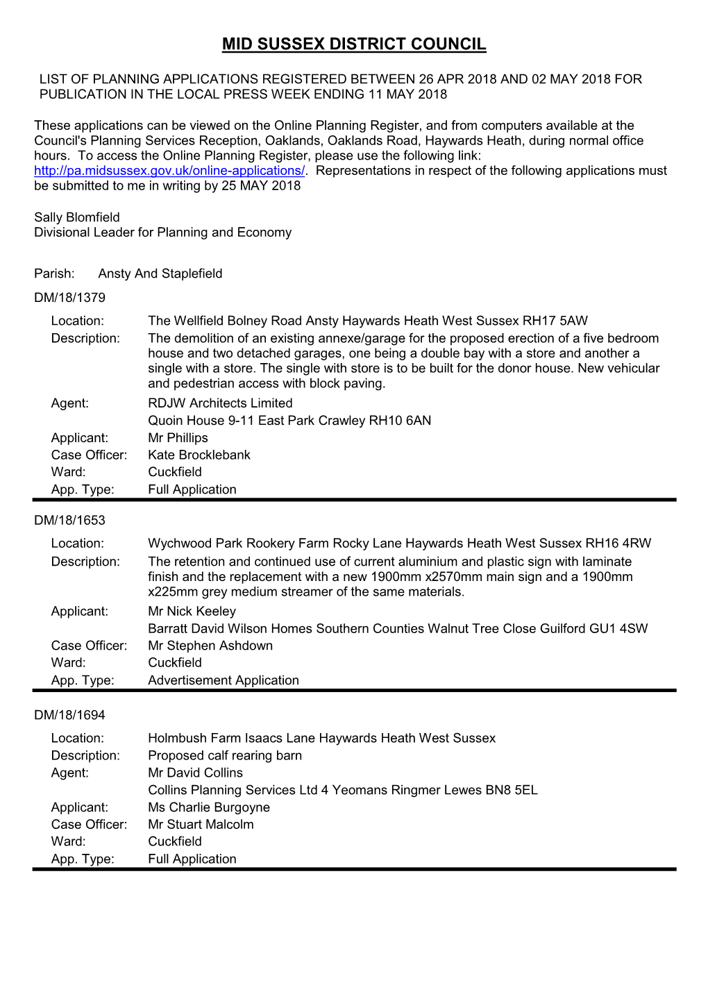 Planning Applications Received Between 26 April and 2 May 2018