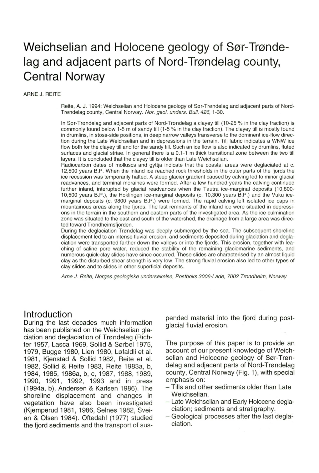 Weichselian and Holocene Geology of Ser-Trande- Lag and Adjacent Parts