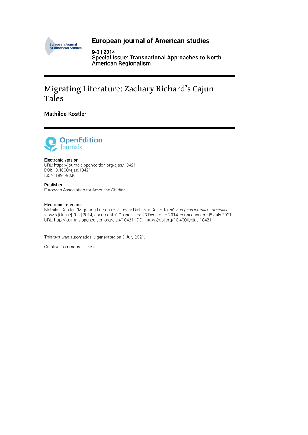 European Journal of American Studies, 9-3 | 2014 Migrating Literature: Zachary Richard’S Cajun Tales 2