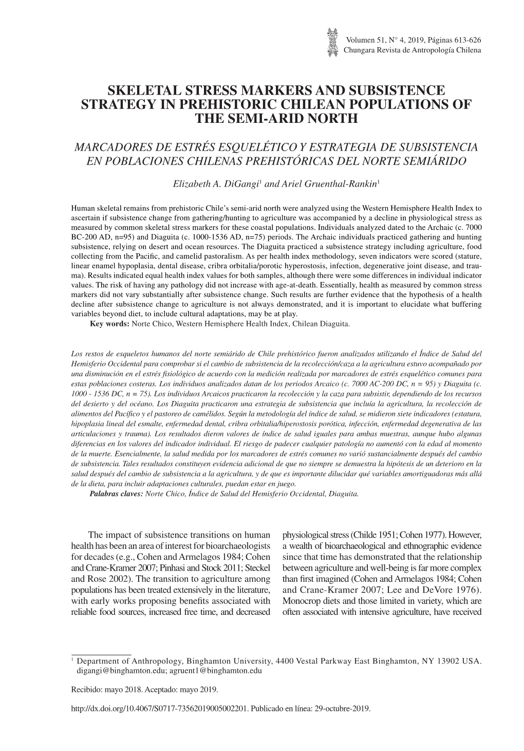 Skeletal Stress Markers and Subsistence Strategy in Prehistoric Chilean Populations of the Semi-Arid North