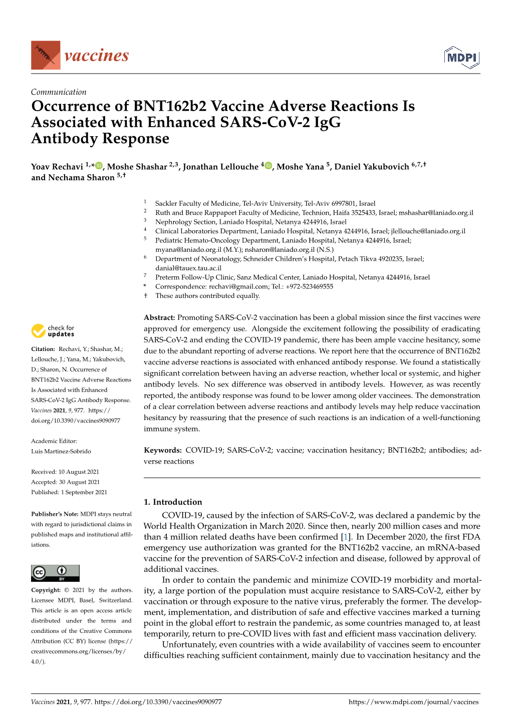 Occurrence of Bnt162b2 Vaccine Adverse Reactions Is Associated with Enhanced SARS-Cov-2 Igg Antibody Response