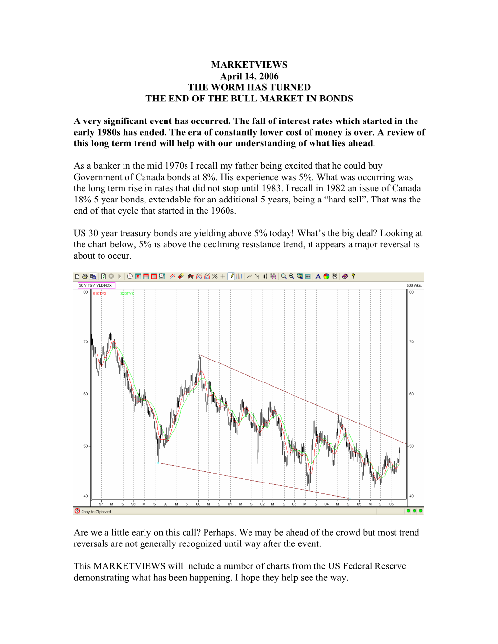 MARKETVIEWS April 14, 2006 the WORM HAS TURNED the END of the BULL MARKET in BONDS