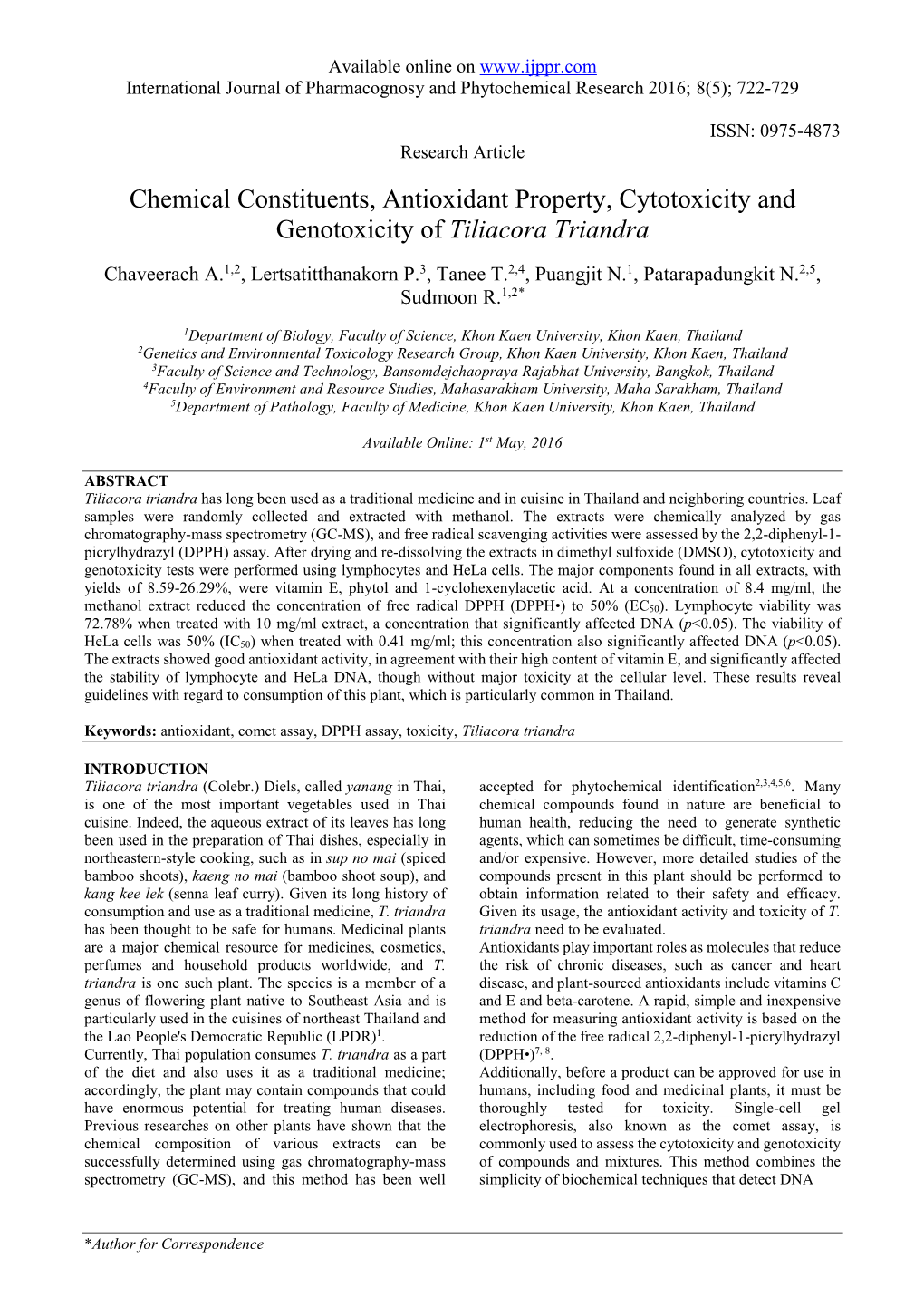 Chemical Constituents, Antioxidant Property, Cytotoxicity and Genotoxicity of Tiliacora Triandra