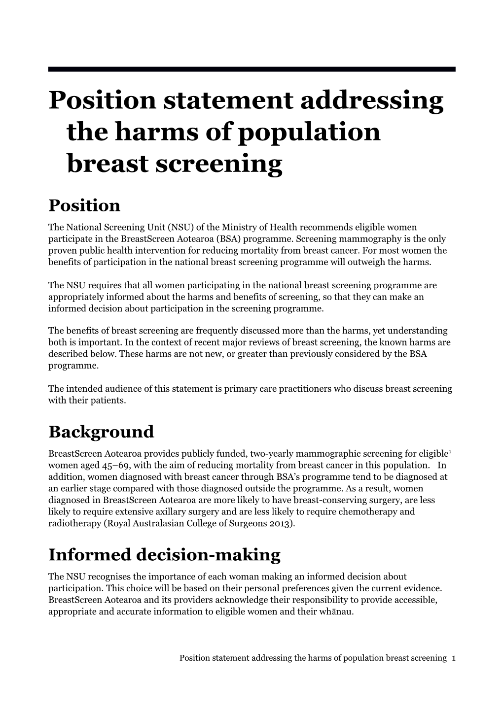 Position Statement Addressing the Harms of Population Breast Screening