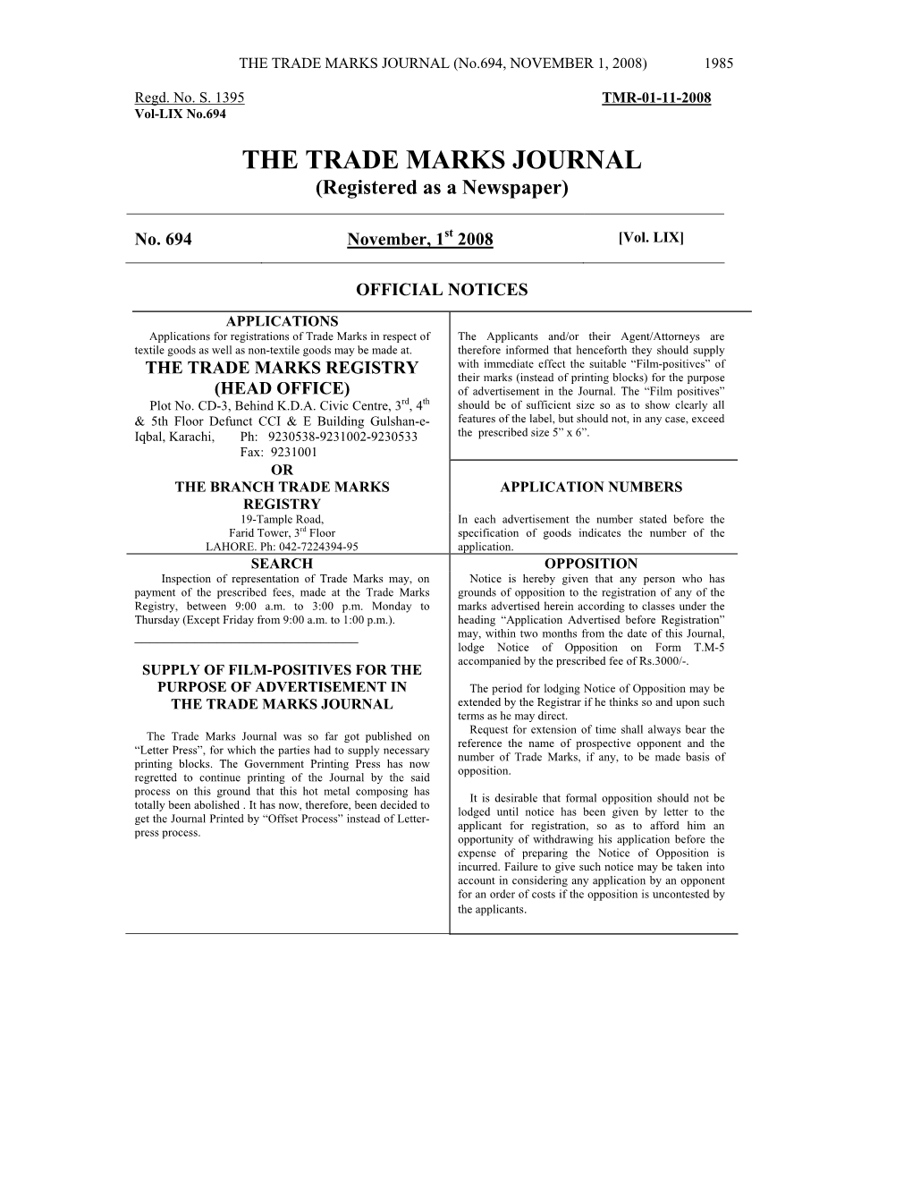 THE TRADE MARKS JOURNAL (No.694, NOVEMBER 1, 2008) 1985