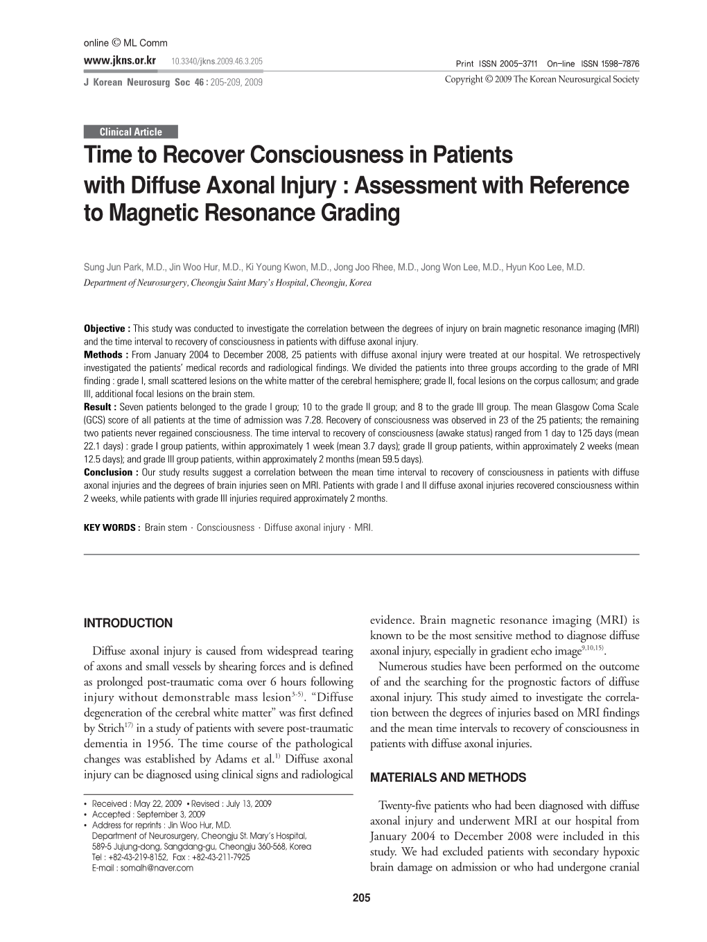 Time to Recover Consciousness in Patients with Diffuse Axonal Injury : Assessment with Reference to Magnetic Resonance Grading