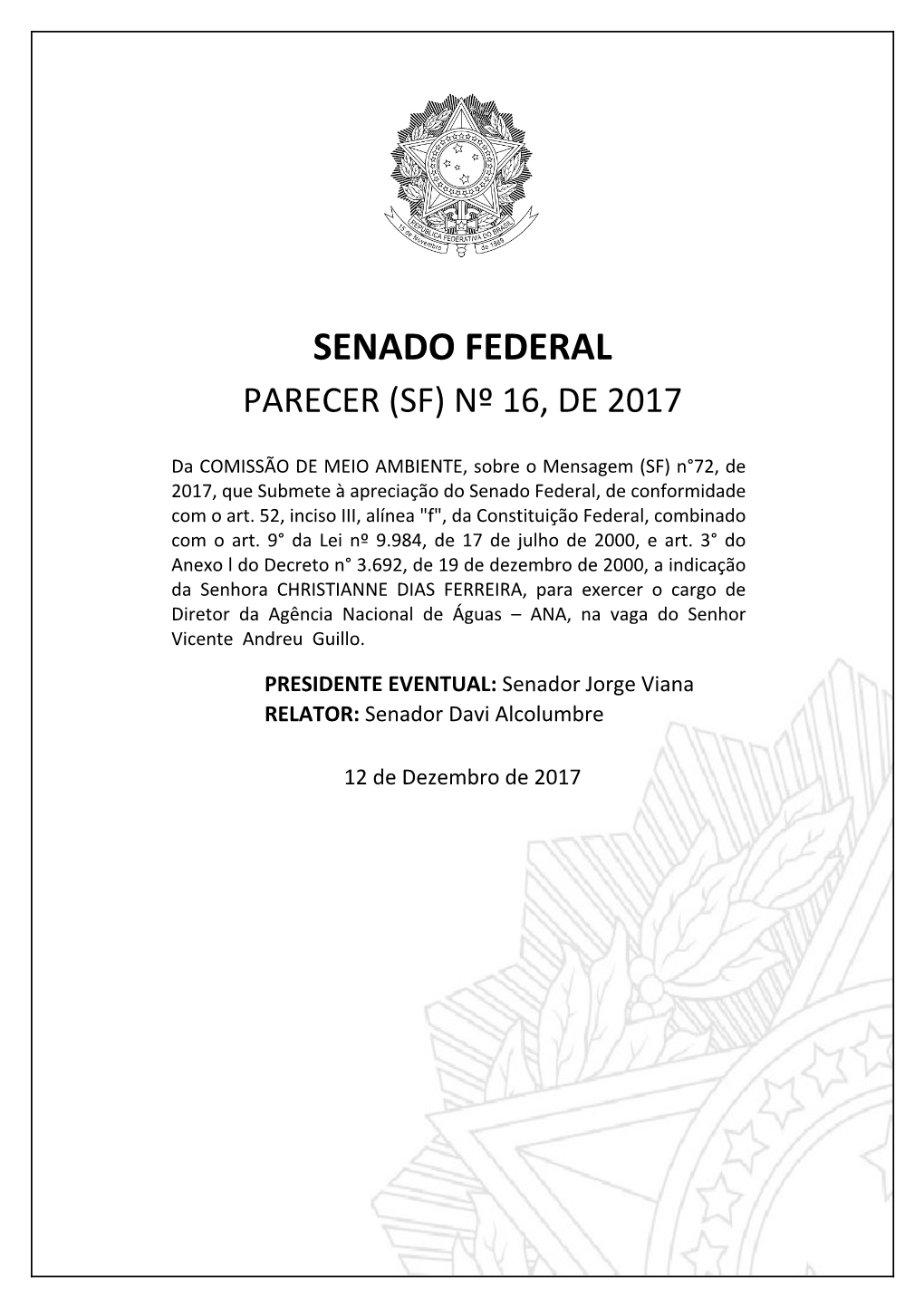 Senado Federal Parecer (Sf) Nº 16, De 2017