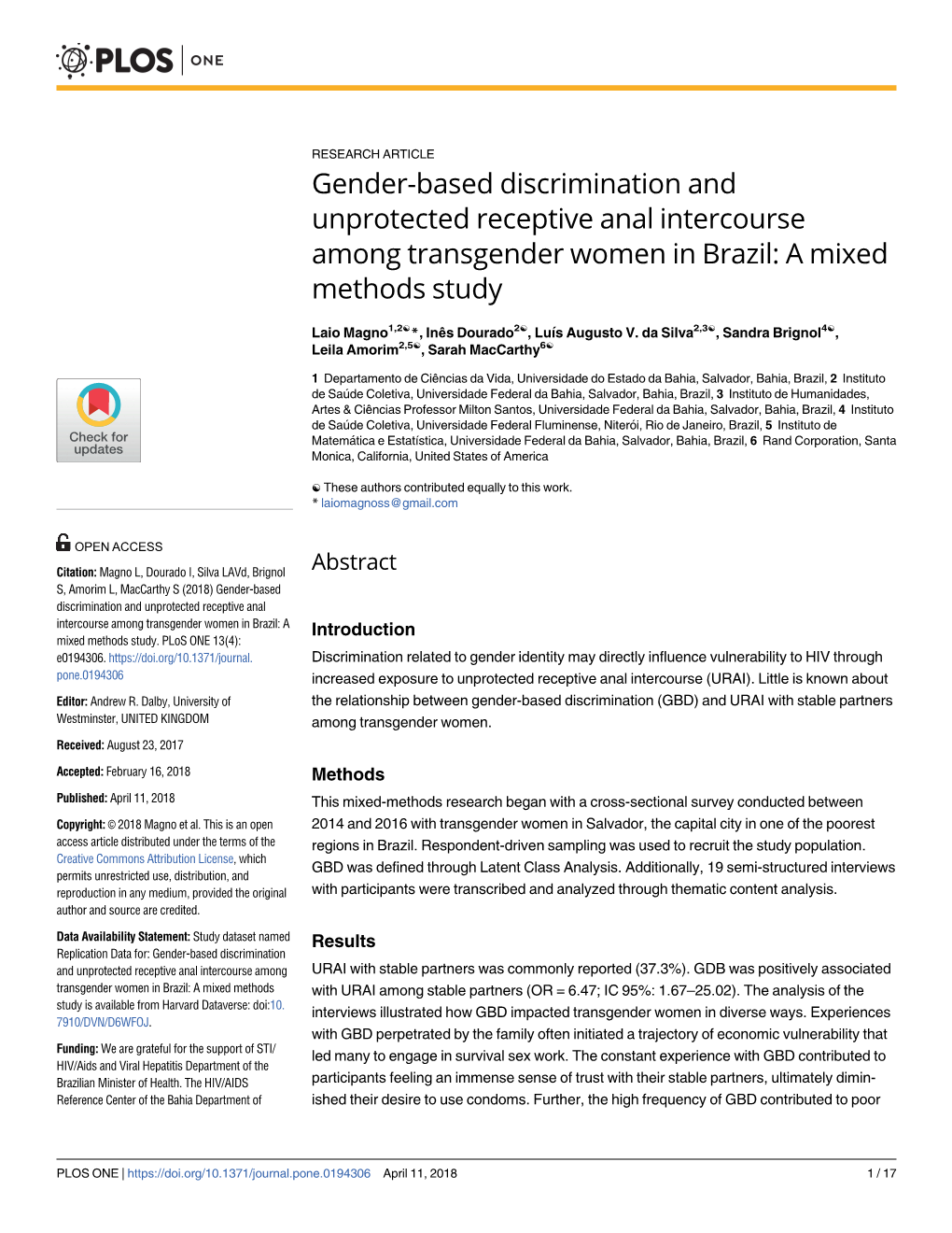 Gender-Based Discrimination and Unprotected Receptive Anal Intercourse Among Transgender Women in Brazil: a Mixed Methods Study