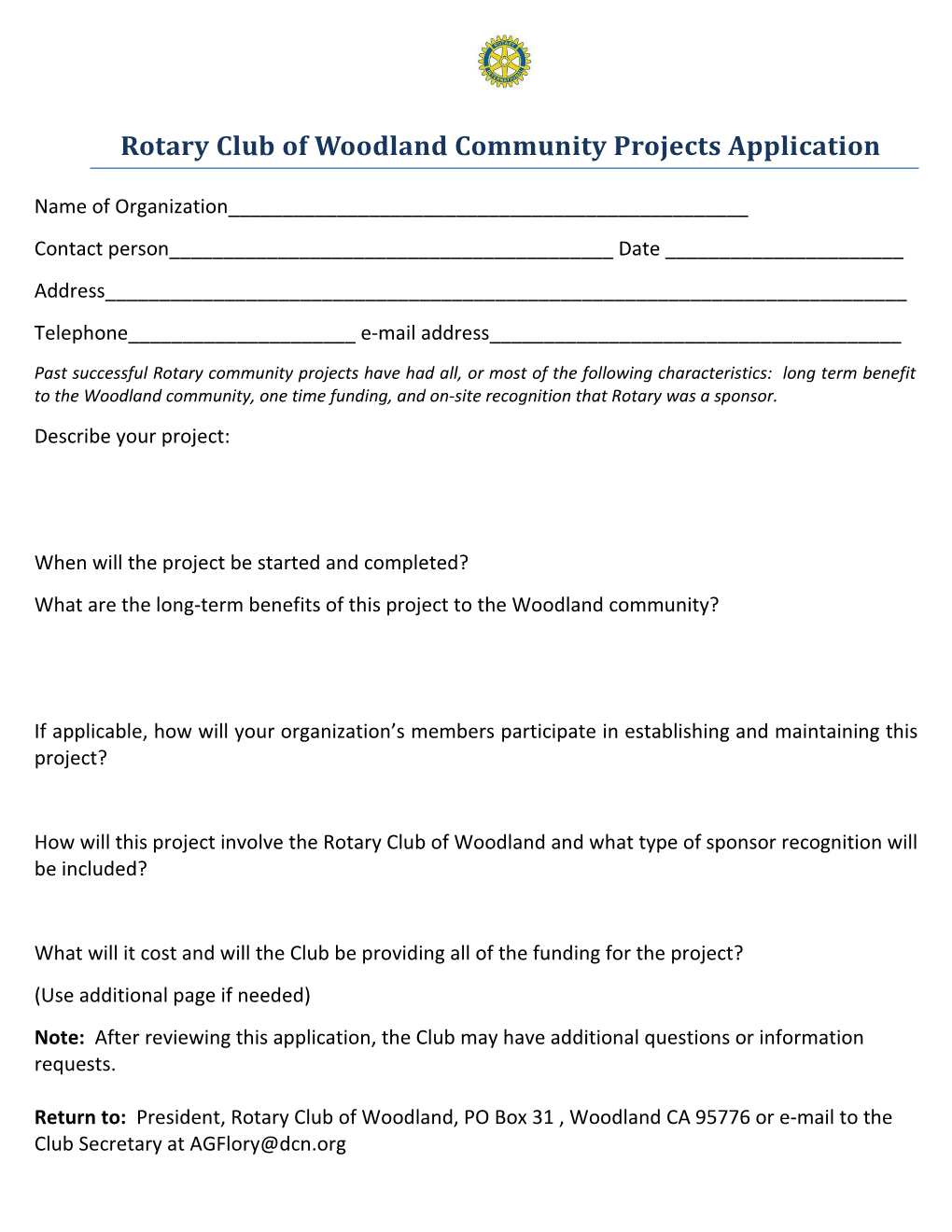 Rotary Club of Woodland Community Projects Application