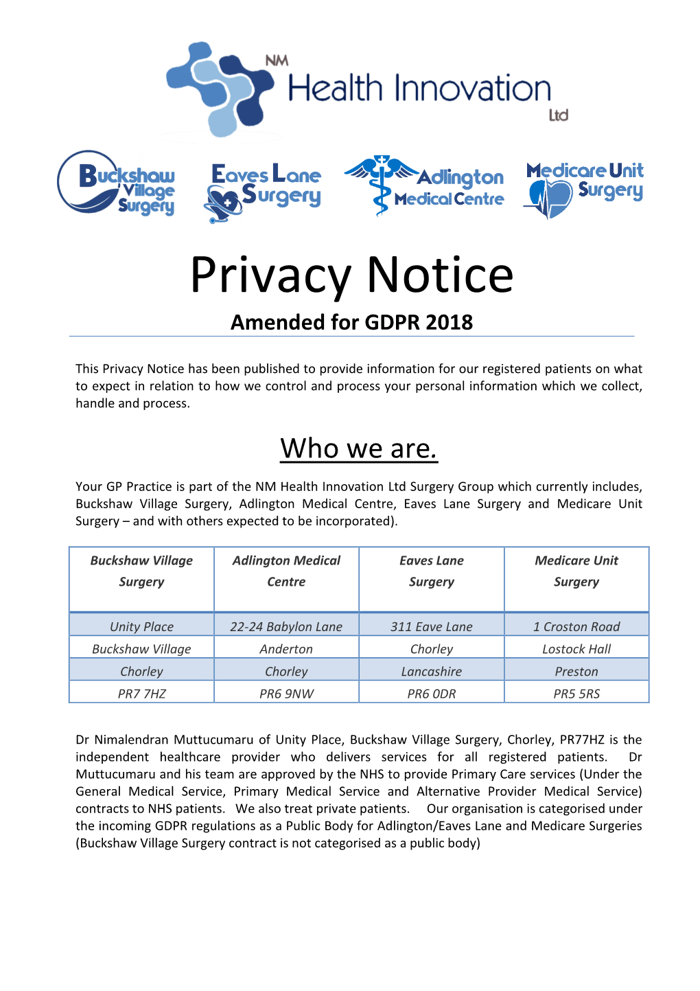 Privacy Notice Amended for GDPR 2018