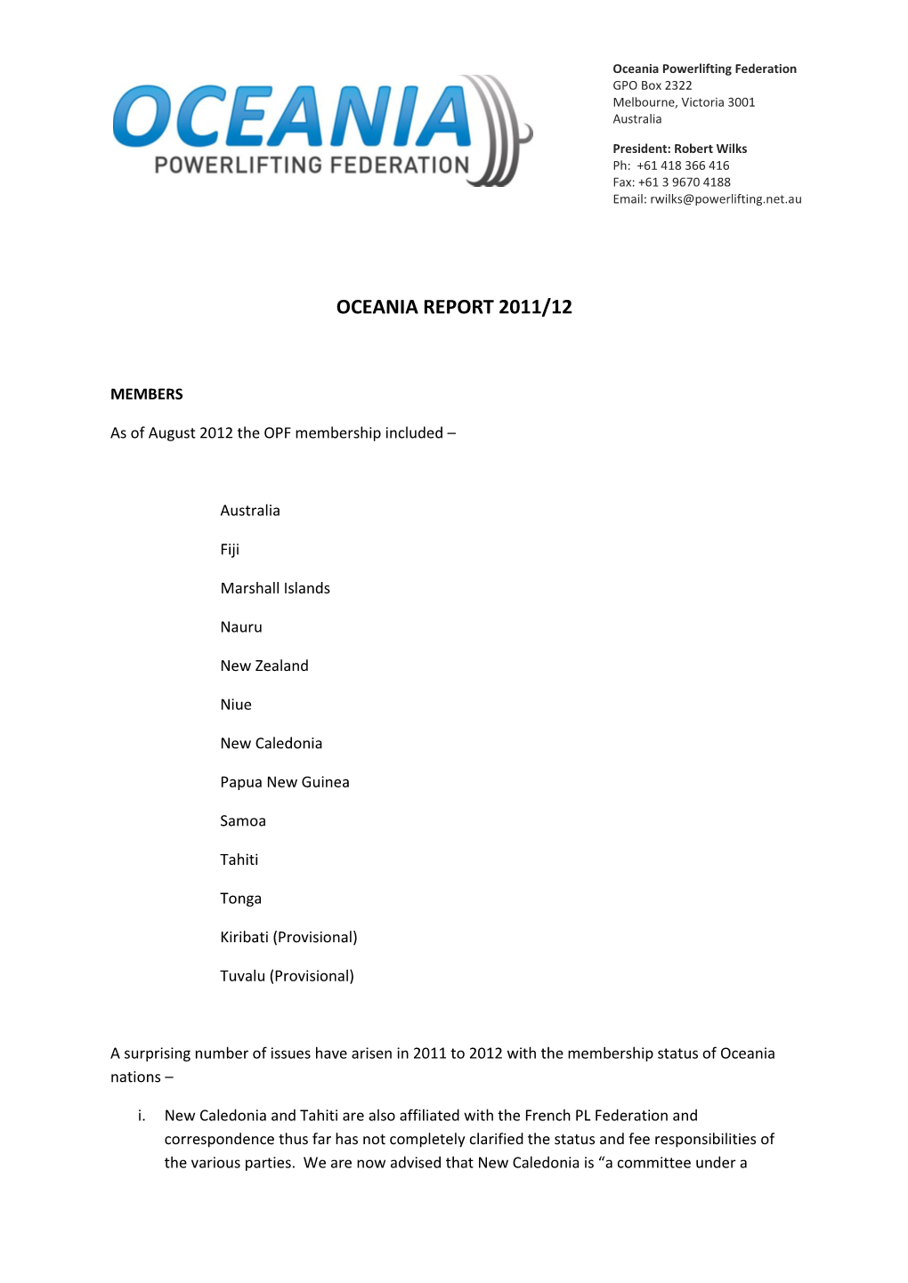 Oceania Powerlifting Federation Report 2012