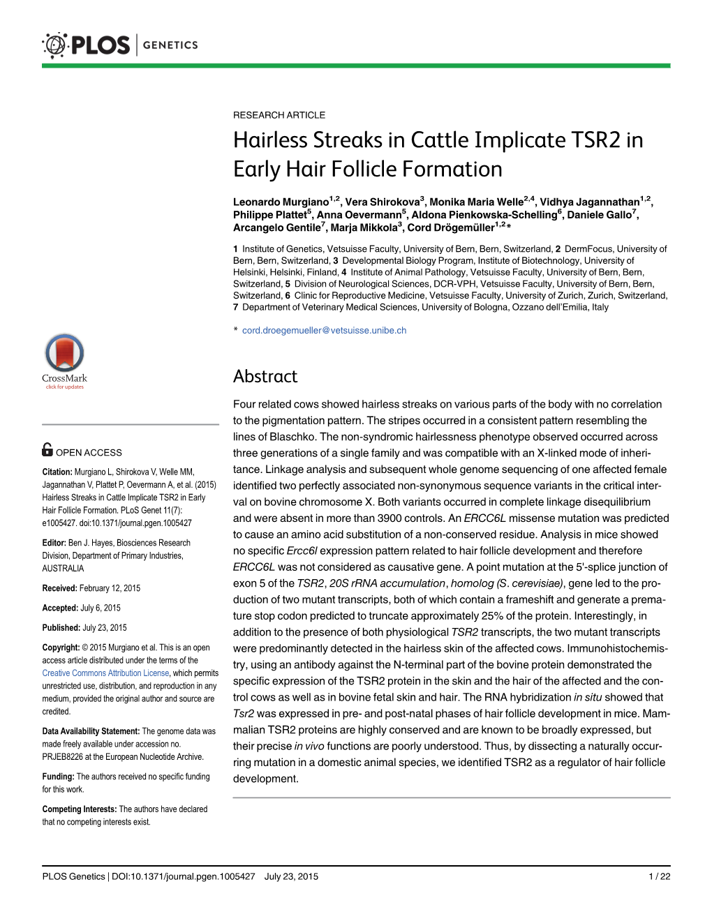 Hairless Streaks in Cattle Implicate TSR2 in Early Hair Follicle Formation