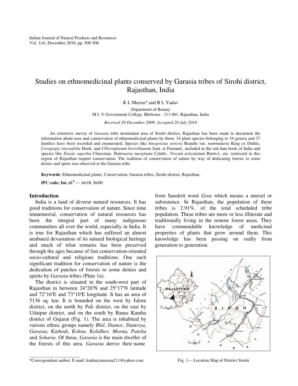 Studies on Ethnomedicinal Plants Conserved by Garasia Tribes of Sirohi District, Rajasthan, India