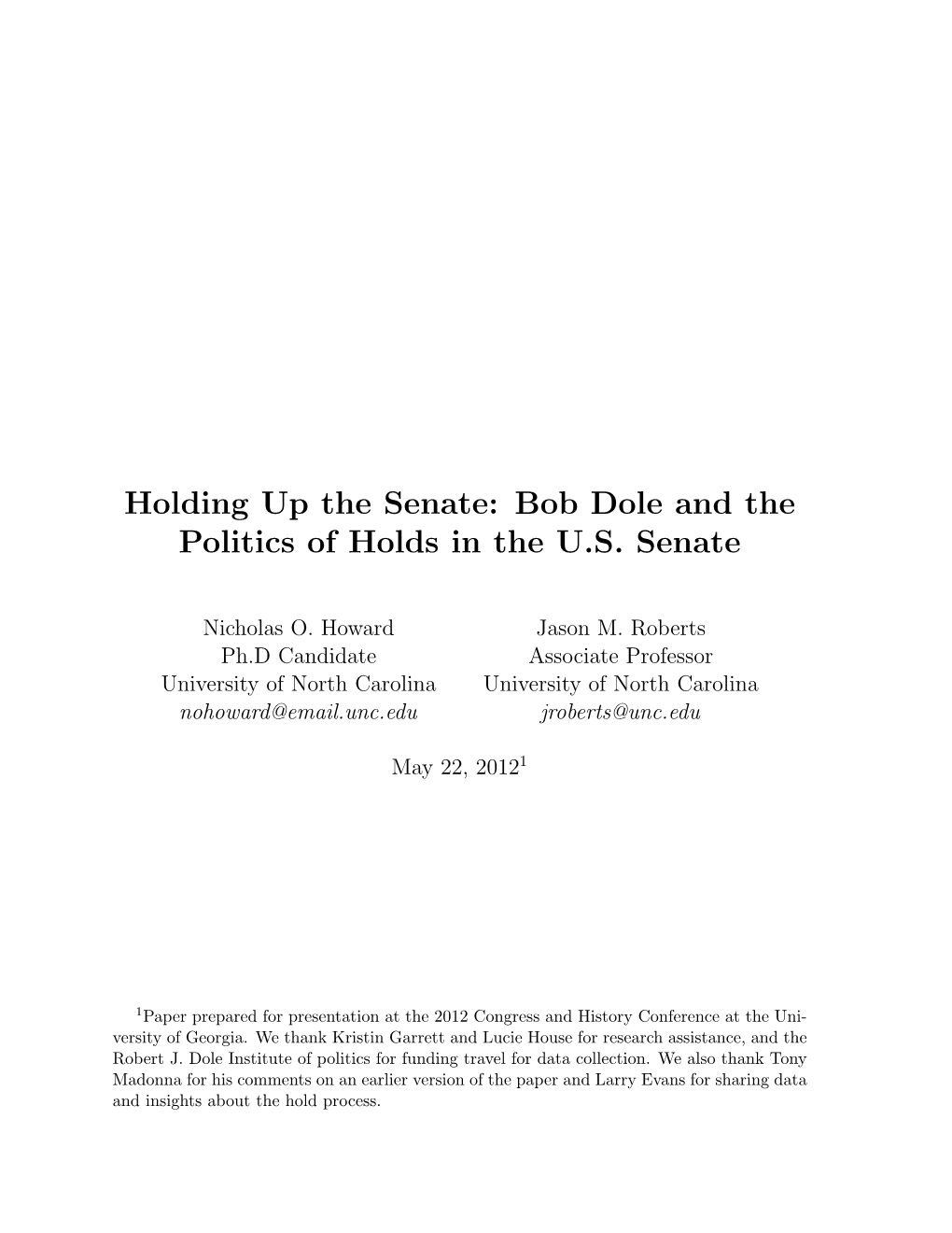 Bob Dole and the Politics of Holds in the US Senate