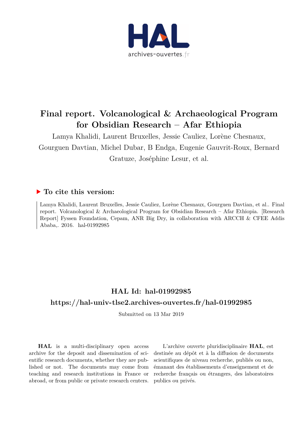 Final Report. Volcanological & Archaeological Program for Obsidian Research – Afar Ethiopia