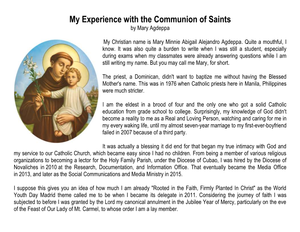 My Experience with the Communion of Saints by Mary Agdeppa