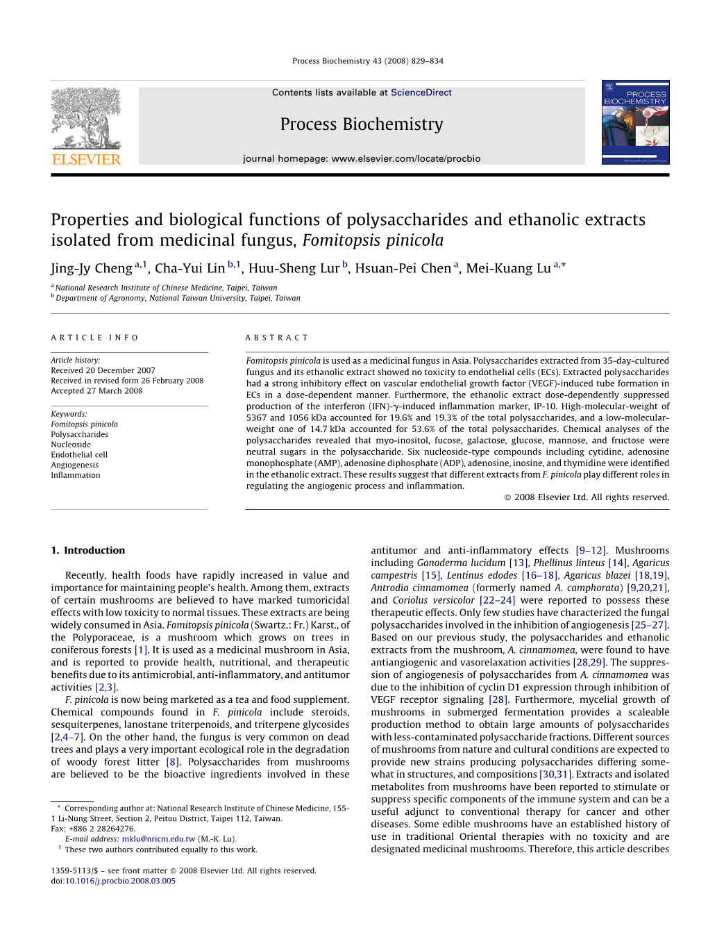 Properties and Biological Functions of Polysaccharides and Ethanolic Extracts Isolated from Medicinal Fungus, Fomitopsis Pinicola