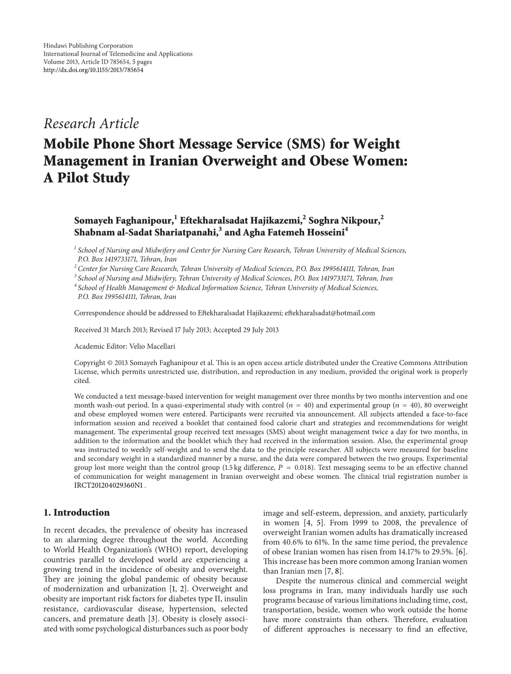 Mobile Phone Short Message Service (SMS) for Weight Management in Iranian Overweight and Obese Women: a Pilot Study