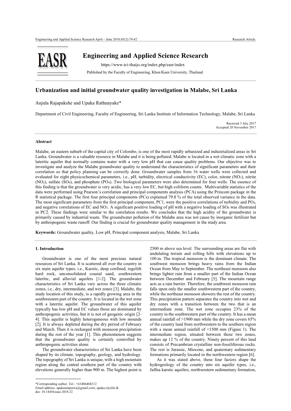 Urbanization and Initial Groundwater Quality Investigation in Malabe, Sri Lanka