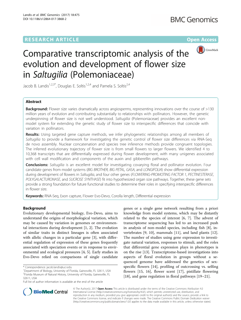 Comparative Transcriptomic Analysis of the Evolution and Development of Flower Size in Saltugilia (Polemoniaceae) Jacob B