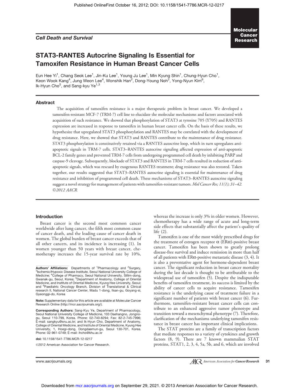 STAT3-RANTES Autocrine Signaling Is Essential for Tamoxifen Resistance in Human Breast Cancer Cells