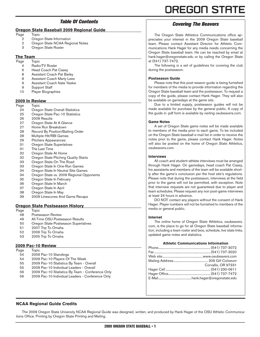 Table of Contents Covering the Beavers