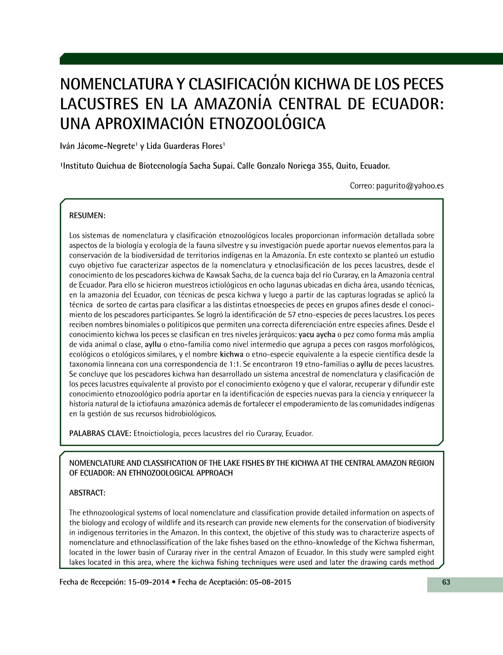 NOMENCLATURA Y Clasificación Kichwa DE LOS PECES