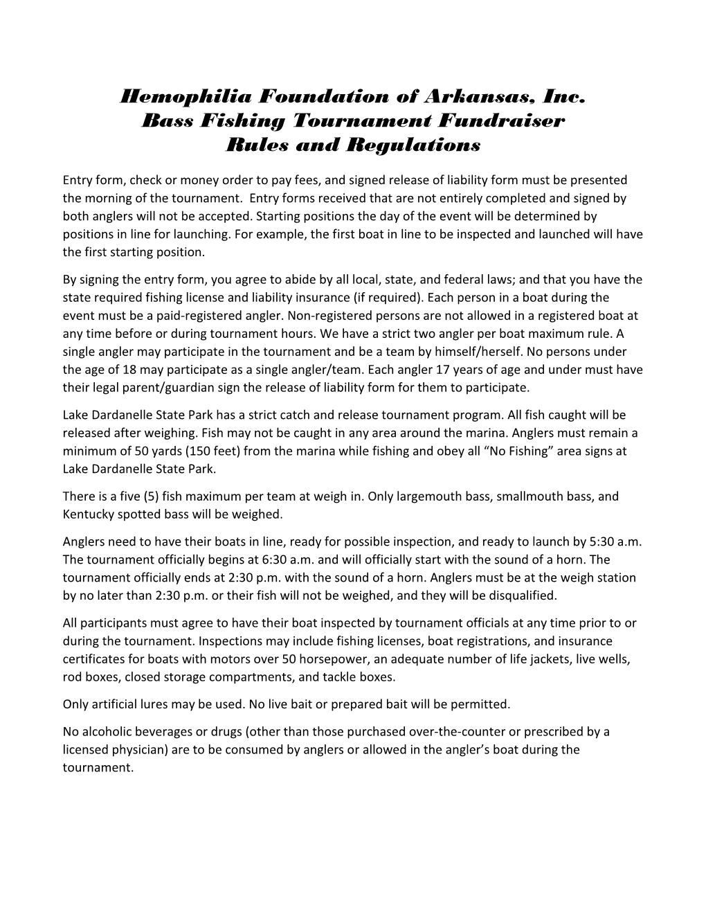 Hemophilia Foundation of Arkansas, Inc. Bass Fishing Tournament Fundraiser Rules and Regulations