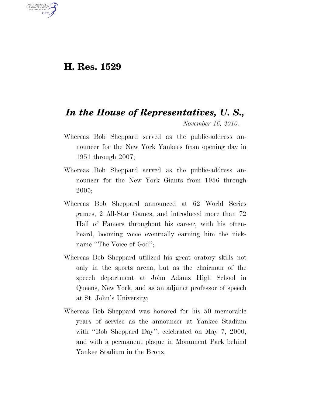 H. Res. 1529 in the House of Representatives, U