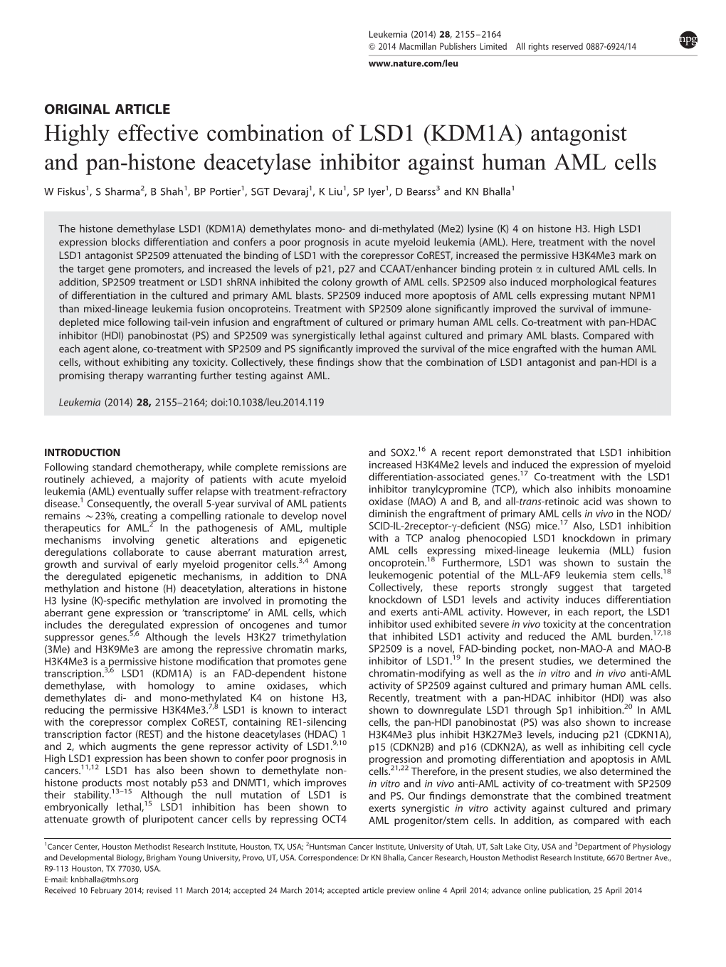 KDM1A) Antagonist and Pan-Histone Deacetylase Inhibitor Against Human AML Cells