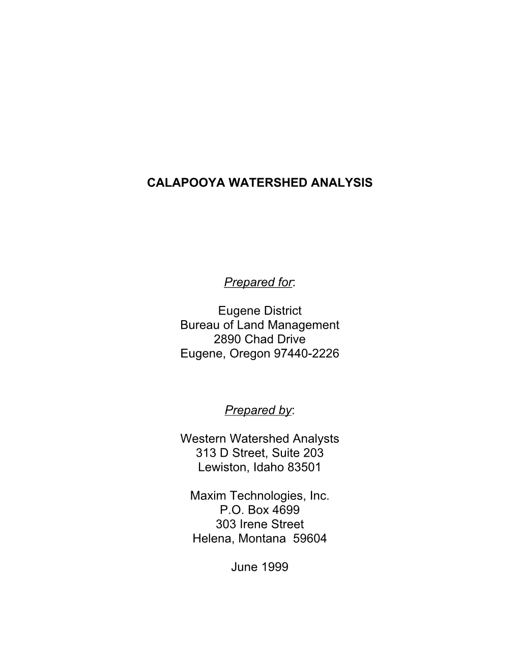 Calapooya Watershed Analysis