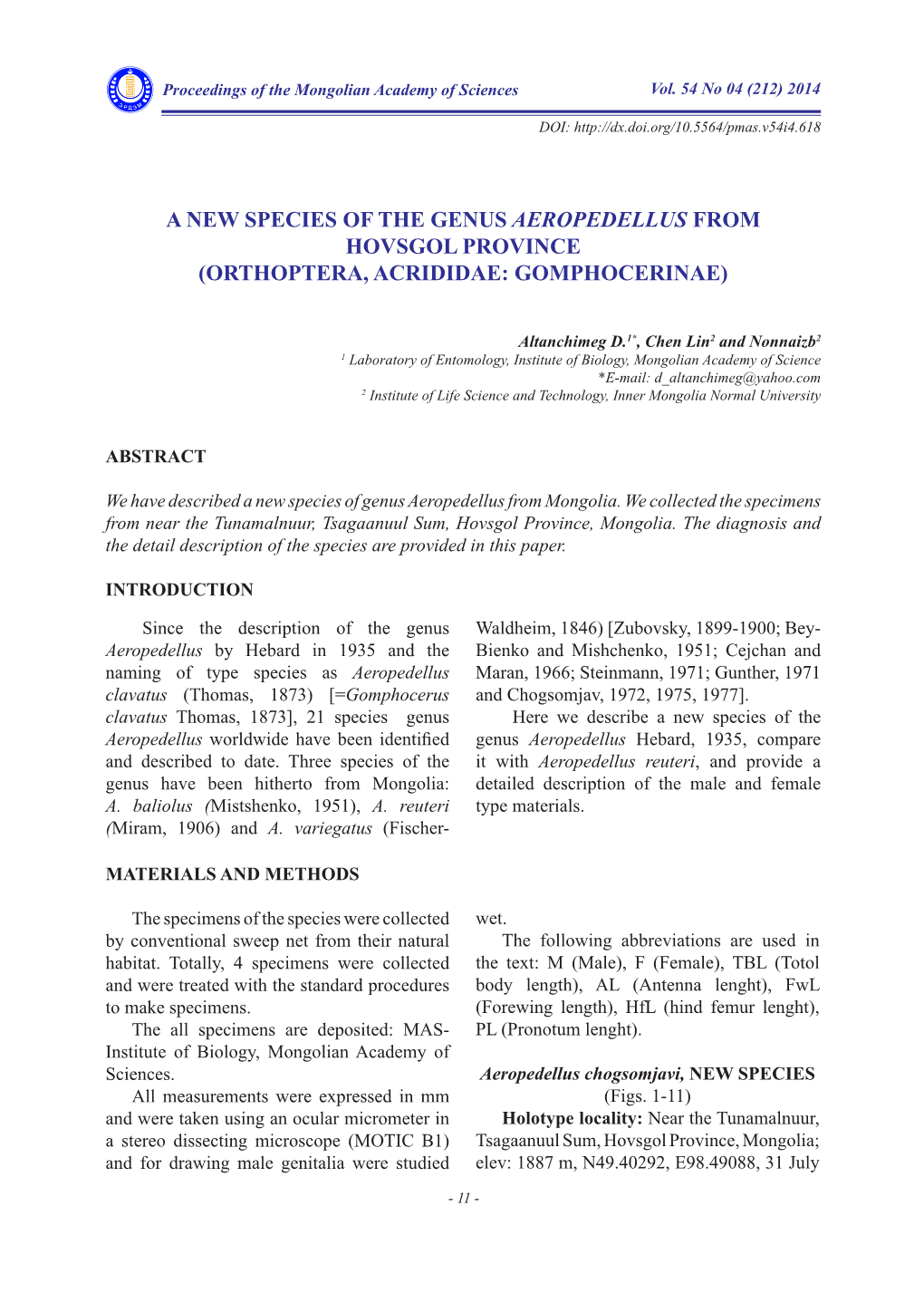 A New Species of the Genus Aeropedellus from Hovsgol Province (Orthoptera, Acrididae: Gomphocerinae)