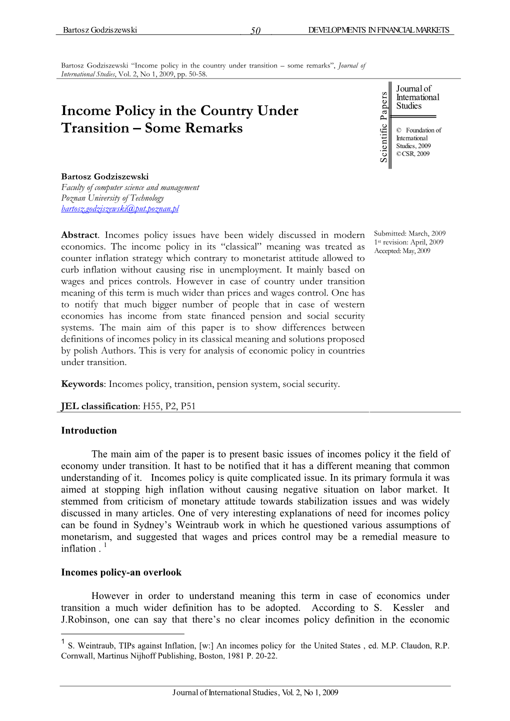 Income Policy in the Country Under Transition – Some Remarks”, Journal of International Studies, Vol
