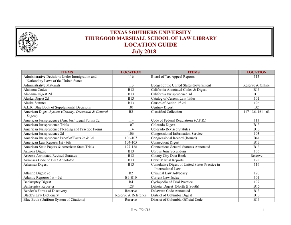 TEXAS SOUTHERN UNIVERSITY THURGOOD MARSHALL SCHOOL of LAW LIBRARY LOCATION GUIDE July 2018