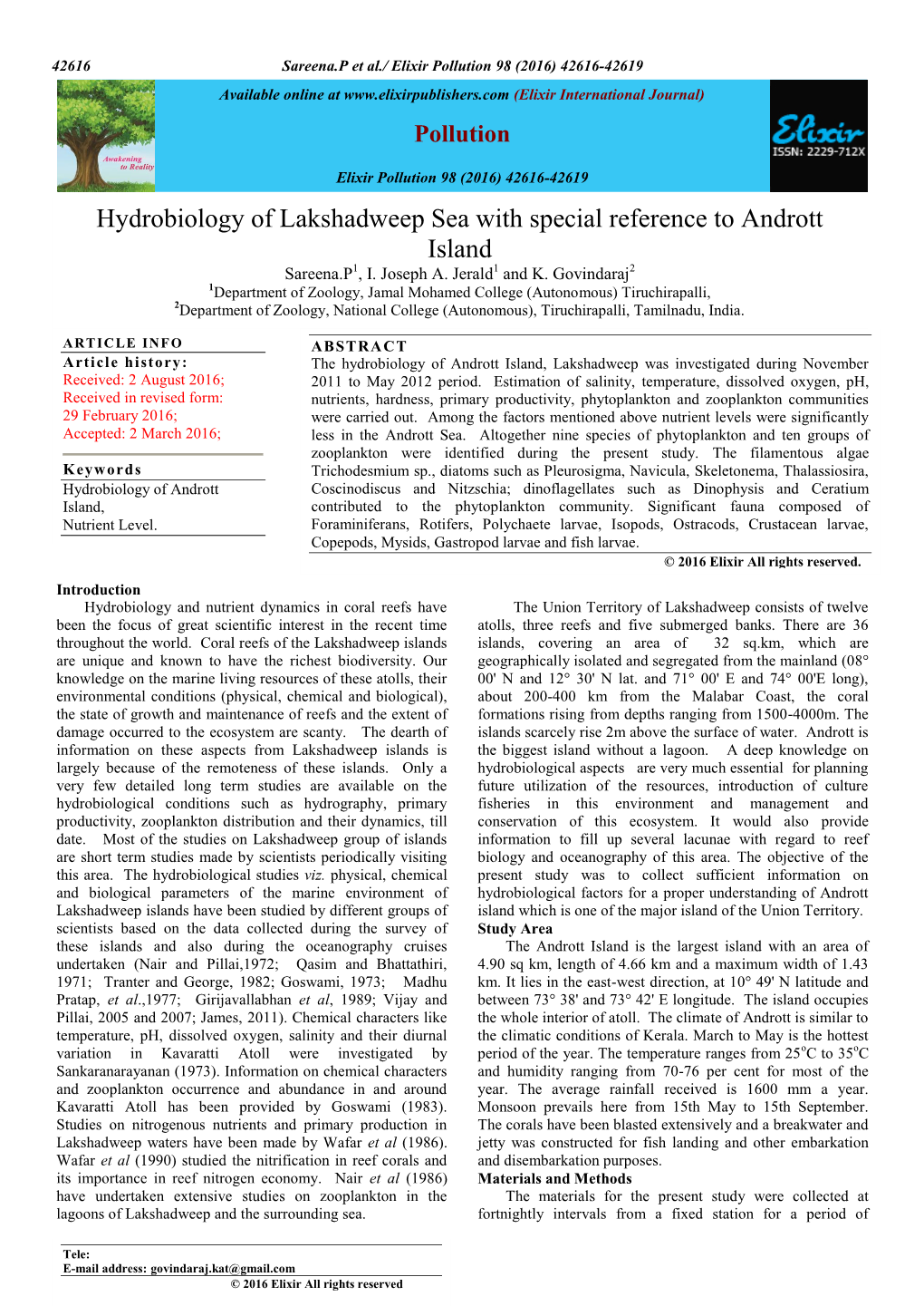Hydrobiology of Lakshadweep Sea with Special Reference to Andrott Island Sareena.P1, I