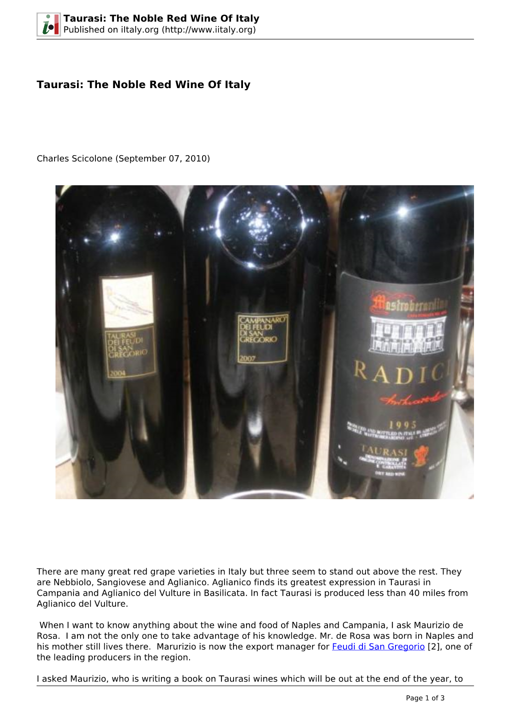 Taurasi: the Noble Red Wine of Italy Published on Iitaly.Org (