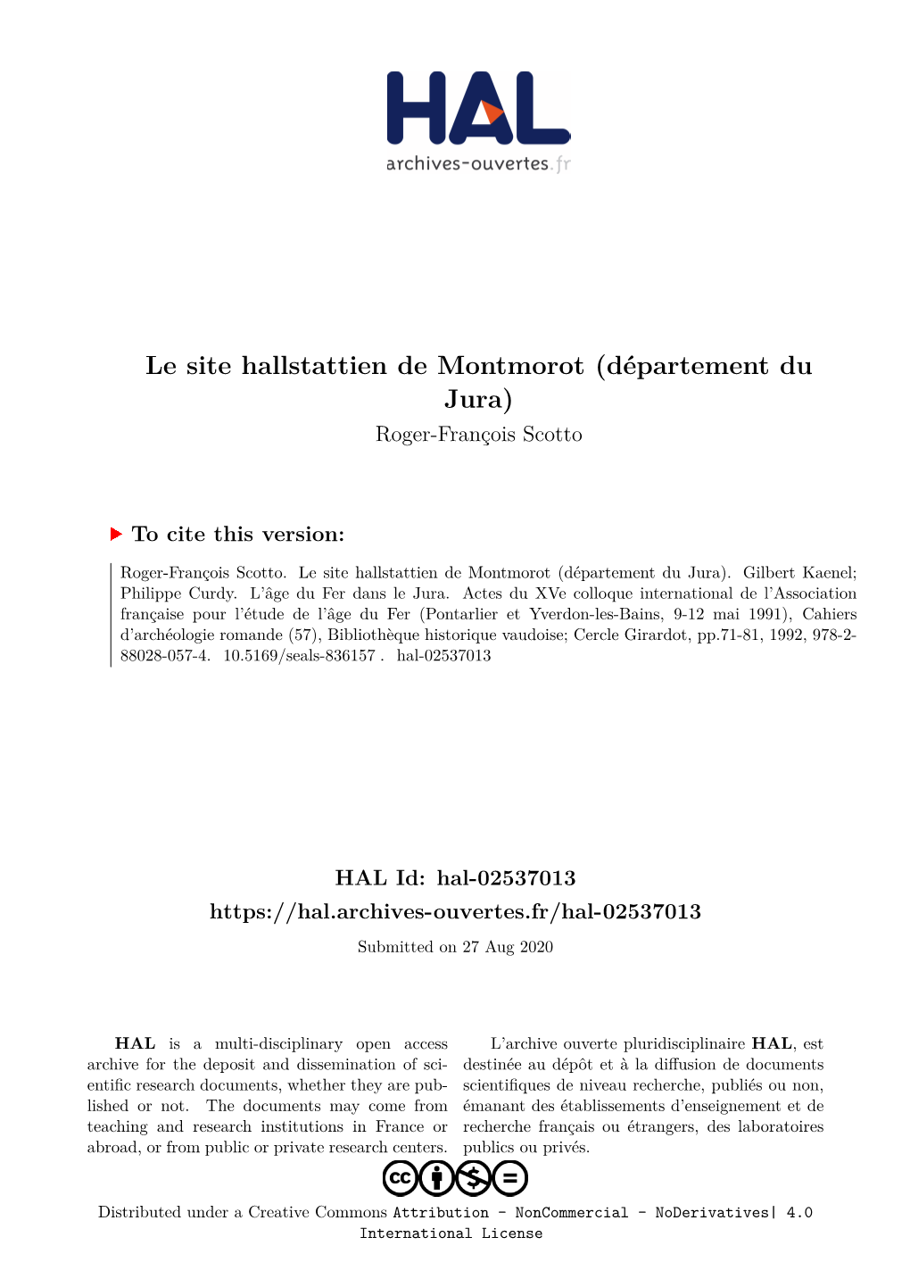 Le Site Hallstattien De Montmorot (Département Du Jura) Roger-François Scotto