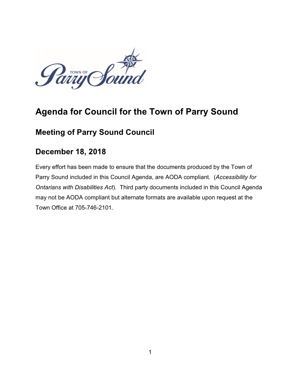 Agenda for Council for the Town of Parry Sound